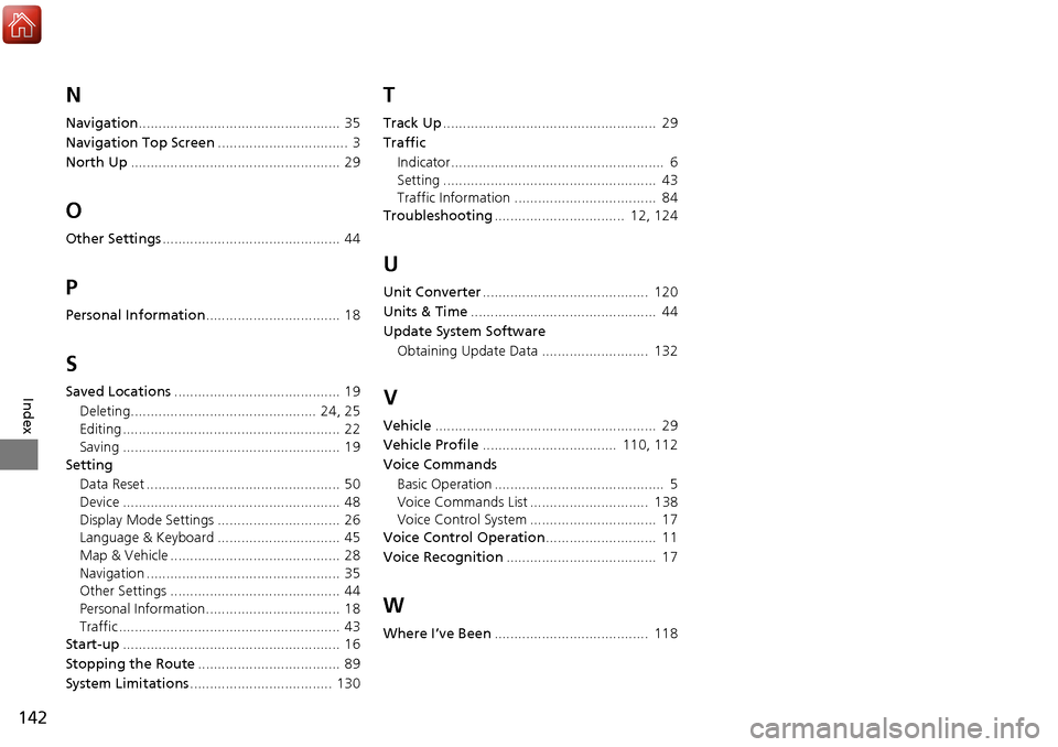 HONDA ACCORD 2017 9.G Navigation Manual 142
Index
N
Navigation...................................................  35
Navigation Top Screen .................................  3
North Up ..................................................... 