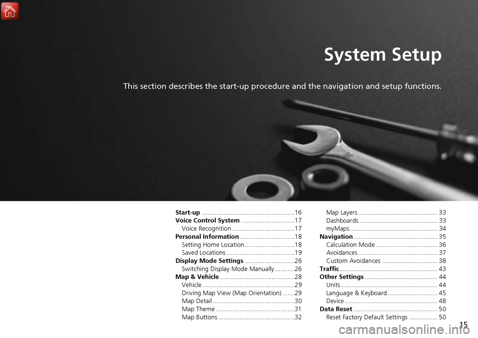 HONDA ACCORD 2017 9.G Navigation Manual 15
System Setup
This section describes the start-up procedure and the navigation and setup functions.
Start-up....................................................16
Voice Control System .............. HONDA ACCORD 2017 9.G Navigation Manual 15
System Setup
This section describes the start-up procedure and the navigation and setup functions.
Start-up....................................................16
Voice Control System ..............