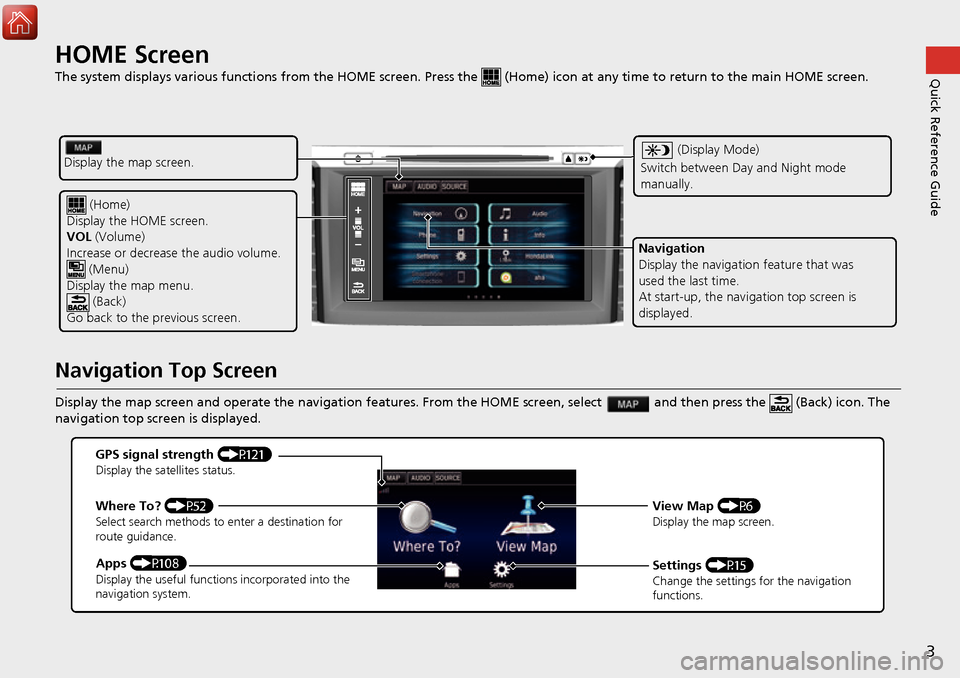 HONDA ACCORD 2017 9.G Navigation Manual 3
Quick Reference GuideHOME Screen   
The system displays various functions from the HOME screen. Press the   (Home) icon at  any time to return to the main HOME scree n.
Navigation Top Screen
Display