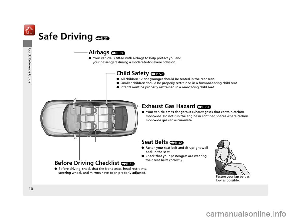 HONDA ACCORD 2017 9.G User Guide 10
Quick Reference Guide
Safe Driving (P 27)
Airbags (P 39)
● Your vehicle is fitted with ai rbags to help protect you and 
your passengers during a moderate-to-severe collision.
Child Safety (P 52)