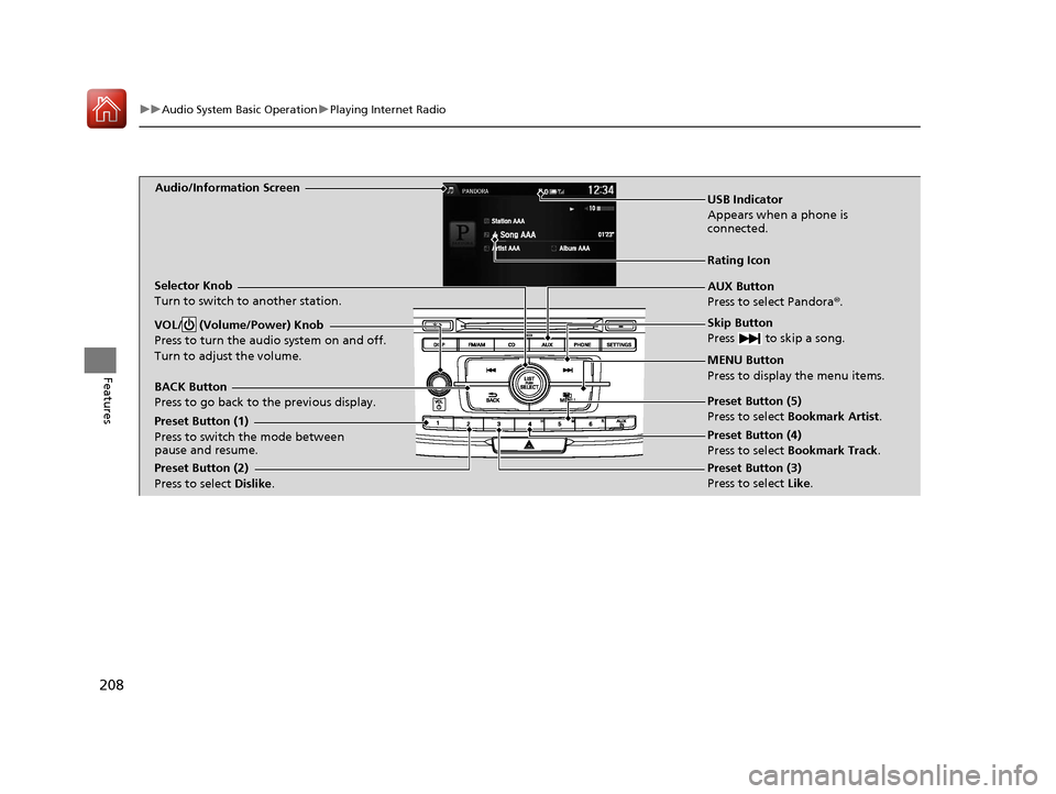 HONDA ACCORD 2017 9.G Owners Manual 208
uuAudio System Basic Operation uPlaying Internet Radio
Features
Audio/Information Screen
AUX Button
Press to select Pandora®.
Skip Button
Press   to skip a song.
MENU Button
Press to display the 