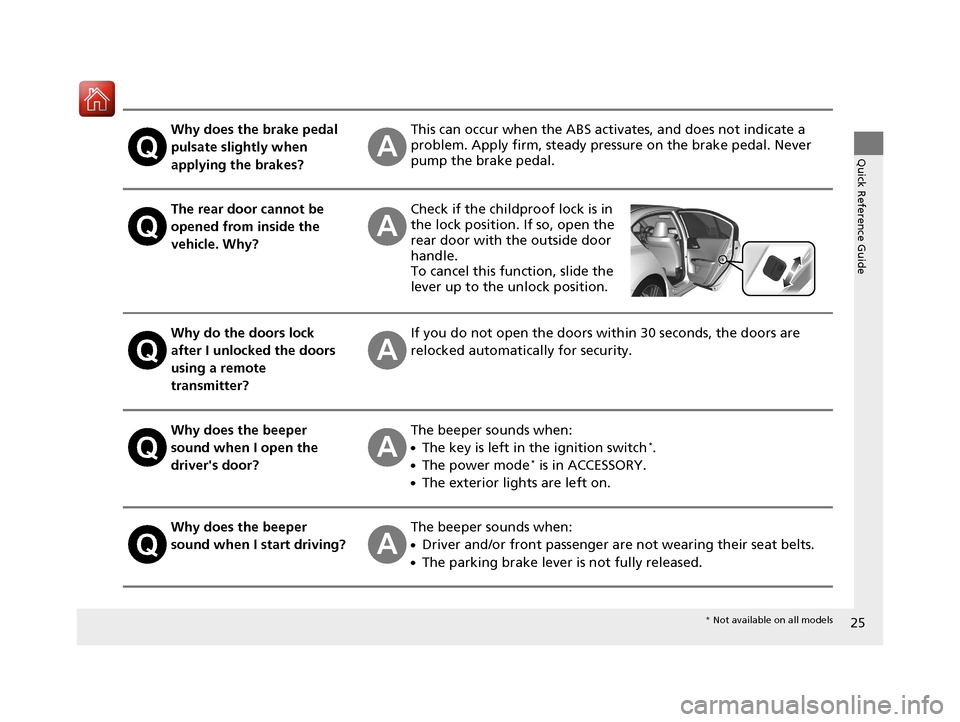 HONDA ACCORD 2017 9.G Owners Manual 25
Quick Reference Guide
Why does the brake pedal
pulsate slightly when
applying the brakes?This can occur when the ABS activates, and does not indicate a
problem. Apply firm, steady pressure on th HONDA ACCORD 2017 9.G Owners Manual 25
Quick Reference Guide
Why does the brake pedal
pulsate slightly when
applying the brakes?This can occur when the ABS activates, and does not indicate a
problem. Apply firm, steady pressure on th
