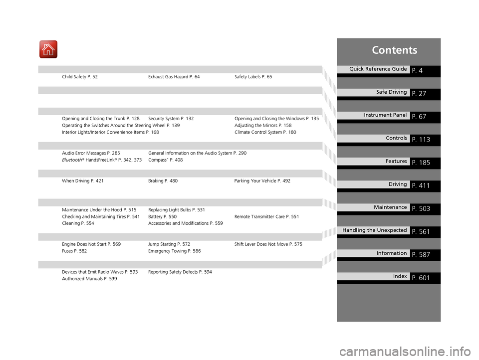 HONDA ACCORD 2017 9.G Owners Manual Contents
Child Safety P. 52Exhaust Gas Hazard P. 64Safety Labels P. 65
Opening and Closing the Trunk P. 128 Security System P. 132 Opening and Closing the Windows P. 135
Operating the Switches Around 