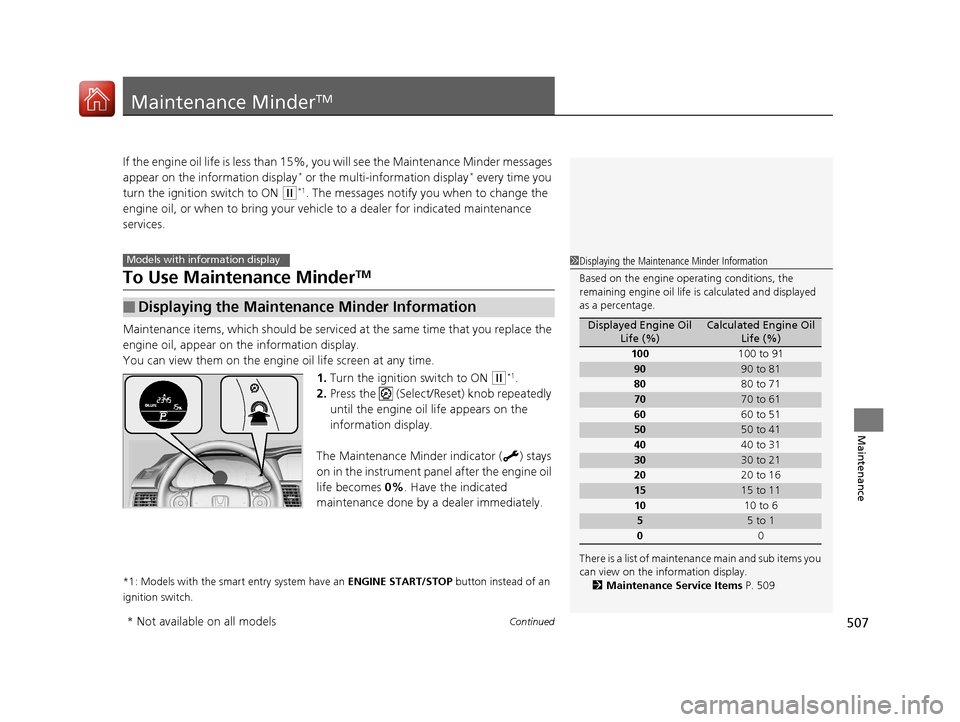 HONDA ACCORD 2017 9.G Owners Manual 507Continued
Maintenance
Maintenance MinderTM
If the engine oil life is less than 15%, you will see the Maintenance Minder messages
appear on the information display* or the multi-information display HONDA ACCORD 2017 9.G Owners Manual 507Continued
Maintenance
Maintenance MinderTM
If the engine oil life is less than 15%, you will see the Maintenance Minder messages
appear on the information display* or the multi-information display