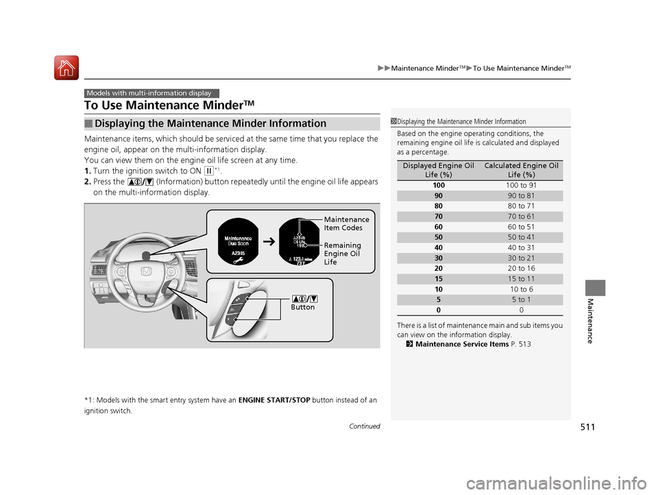 HONDA ACCORD 2017 9.G Owners Manual 511
uuMaintenance MinderTMuTo Use Maintenance MinderTM
Continued
Maintenance
To Use Maintenance MinderTM
Maintenance items, which should be serviced at the same time that you replace the
engine oil, HONDA ACCORD 2017 9.G Owners Manual 511
uuMaintenance MinderTMuTo Use Maintenance MinderTM
Continued
Maintenance
To Use Maintenance MinderTM
Maintenance items, which should be serviced at the same time that you replace the
engine oil,