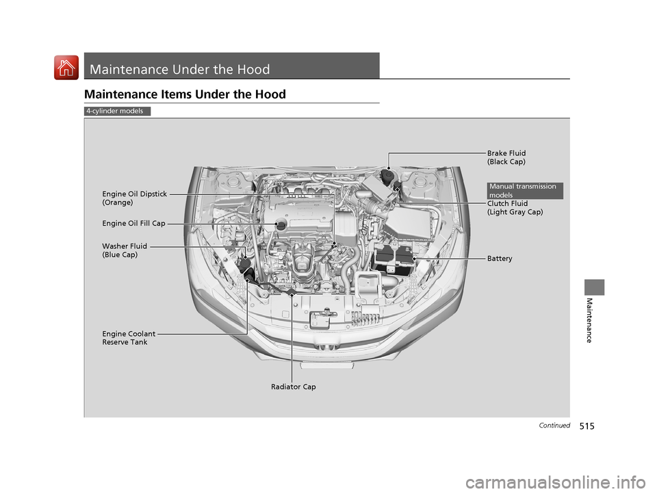 HONDA ACCORD 2017 9.G Owners Manual 515Continued
Maintenance
Maintenance Under the Hood
Maintenance Items Under the Hood
4-cylinder models
Brake Fluid 
(Black Cap)
Engine Coolant 
Reserve Tank Radiator Cap
Washer Fluid 
(Blue Cap) Engin
