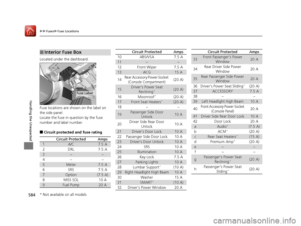 HONDA ACCORD 2017 9.G Owners Manual 584
uuFuses uFuse Locations
Handling the Unexpected
Located under the dashboard.
Fuse locations are shown on the label on
the side panel.
Locate the fuse in question by the fuse
number and label num HONDA ACCORD 2017 9.G Owners Manual 584
uuFuses uFuse Locations
Handling the Unexpected
Located under the dashboard.
Fuse locations are shown on the label on
the side panel.
Locate the fuse in question by the fuse
number and label num