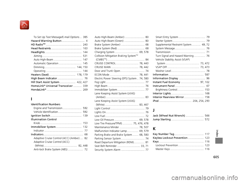 HONDA ACCORD 2017 9.G Owners Manual 605
Index
To Set Up Text Message/E-mail Options ..  385
Hazard Warning Button ..............................  4
HD Radio
TM...............................................  240
Head Restraints ........
