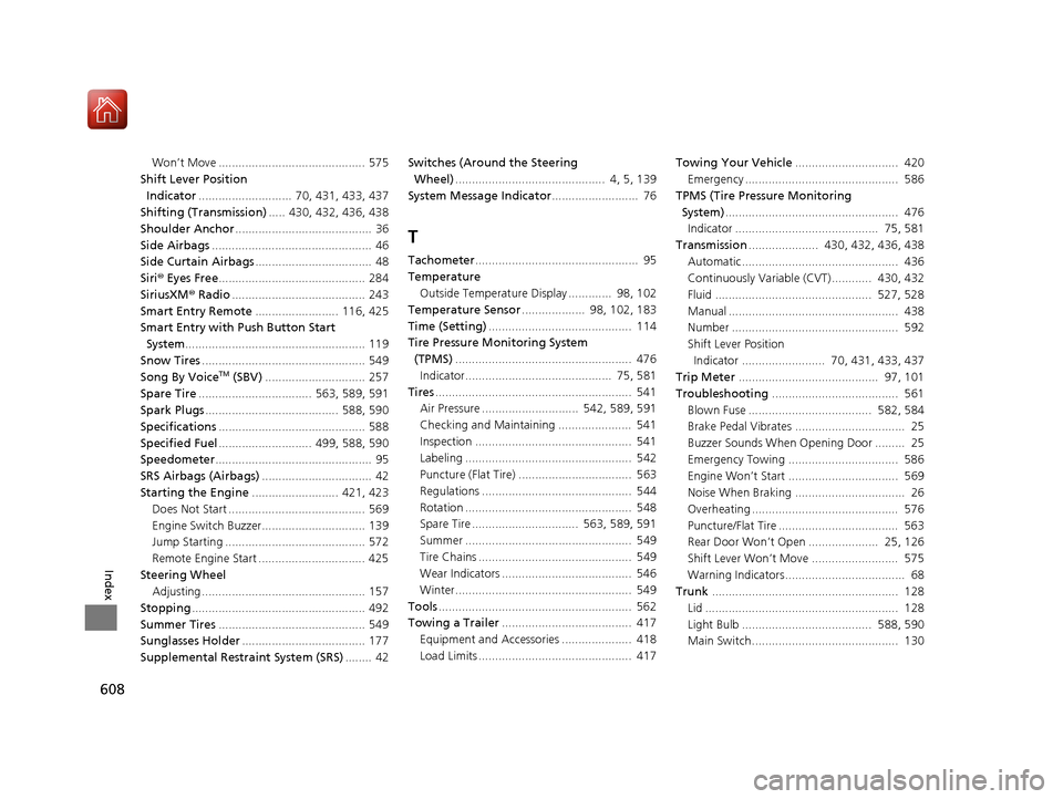 HONDA ACCORD 2017 9.G Owners Manual 608
Index
Won’t Move ............................................ 575
Shift Lever Position 
Indicator ............................ 70, 431, 433, 437
Shifting (Transmission) ..... 430, 432, 436, 438
