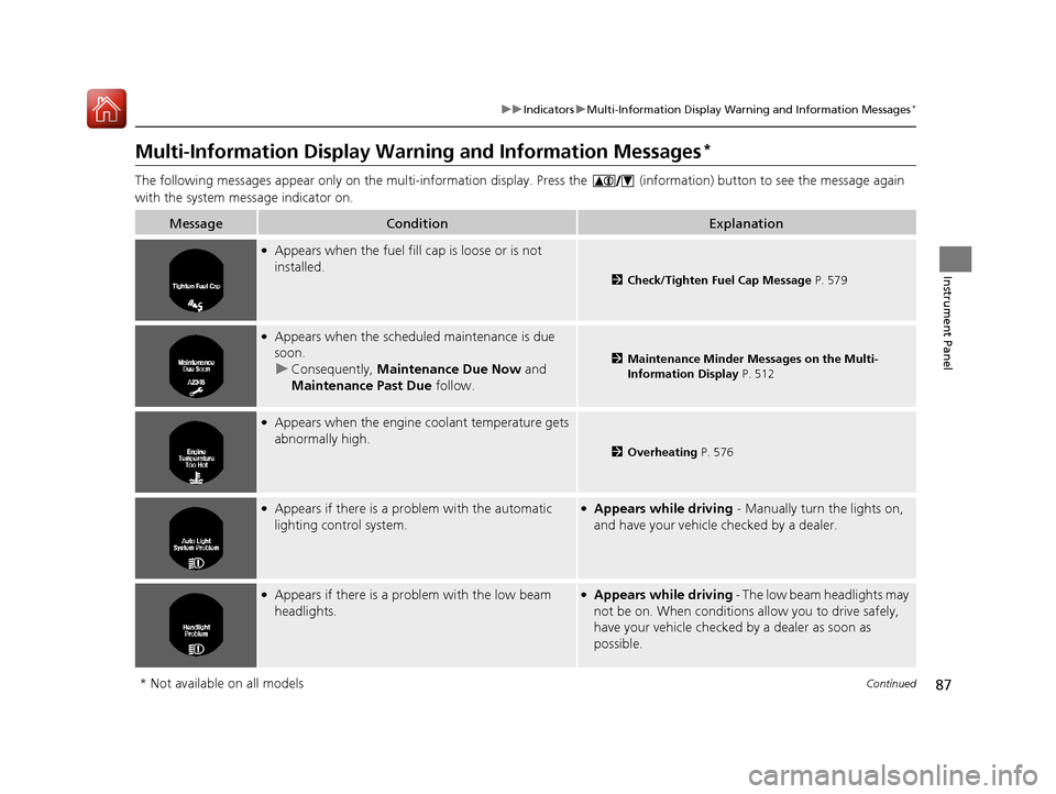 HONDA ACCORD 2017 9.G Owners Manual 87
uuIndicators uMulti-Information Display Warn ing and Information Messages*
Continued
Instrument Panel
Multi-Information Display Warn ing and Information Messages*
The following messages appear only