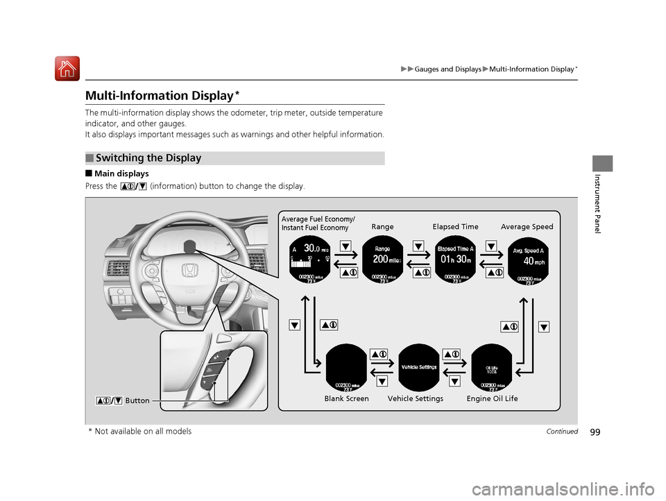 HONDA ACCORD 2017 9.G Owners Manual 99
uuGauges and Displays uMulti-Information Display*
Continued
Instrument Panel
Multi-Information Display*
The multi-information displa y shows the odometer, trip meter, outside temperature 
indicator