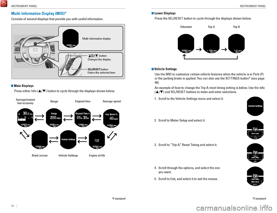 HONDA ACCORD 2017 9.G Quick Guide 28    ||    29
       I
NSTRUMENT PANELINSTRUMENT PANEL
 Lower Displays
Press the S
eL/reSeT button to cycle through the displays shown below
 .
odometerTrip AT rip B
 Vehicle Settings
Use the MID to 