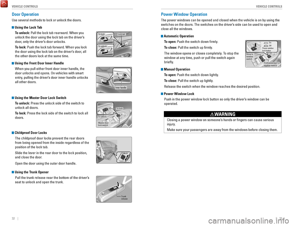 HONDA ACCORD 2017 9.G Quick Guide 32    ||    33
       V
EHICLE CONTROLSVEHICLE CONTROLS
Power Window Operation
The power windows can be opened and closed when the vehicle is on by usi\
ng the 
switches on the doors. The switches on 