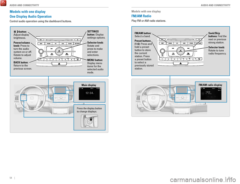 HONDA ACCORD 2017 9.G Quick Guide 54    ||    55
       AUDIO AND CONNECTIVITY
AUDIO AND CONNECTIVITY
Models with one display
FM/AM Radio
Play FM or AM radio stations.
Seek/Skip 
buttons: Find the 
next or previous 
strong station.
Se