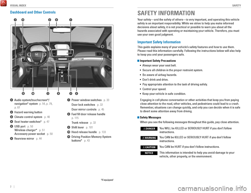 HONDA ACCORD 2017 9.G Quick Guide 2    ||    3
       S
AFETYVISUAL INDEX
SAFETY INFORMATION
Your safety—and the safety of others—is very important, and operati\
ng this vehicle 
safely is an important responsibility. While we str