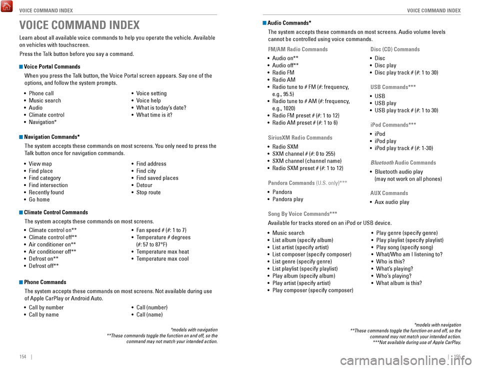 HONDA ACCORD 2017 9.G Quick Guide 154    ||    155
       VOICE COMMAND INDEX
VOICE COMMAND INDEX
 Audio Commands*
The system accepts these commands on most screens. Audio volume levels 
cannot be controlled using voice commands. 
FM/