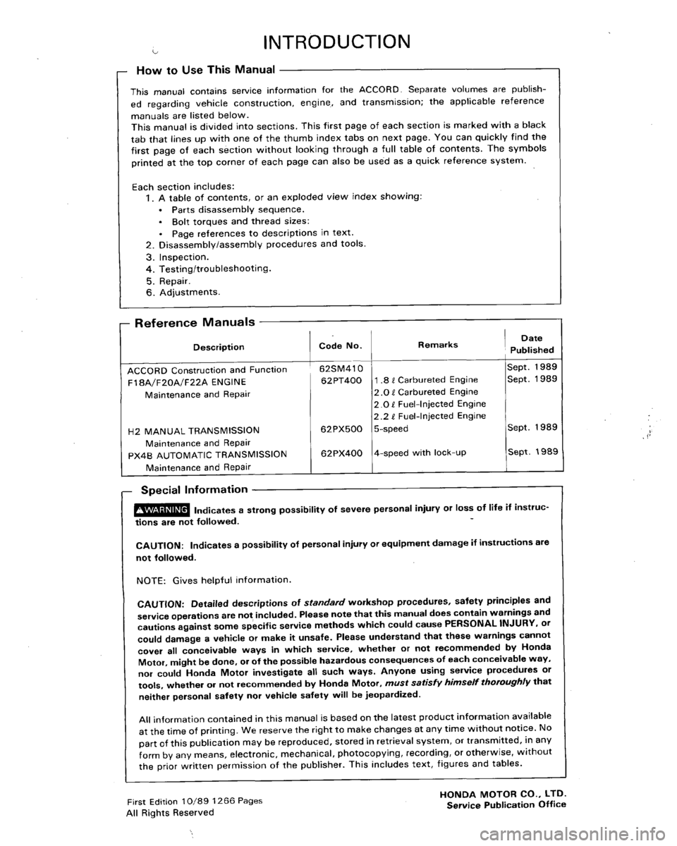 HONDA ACCORD 1989 CB / 4.G Workshop Manual 