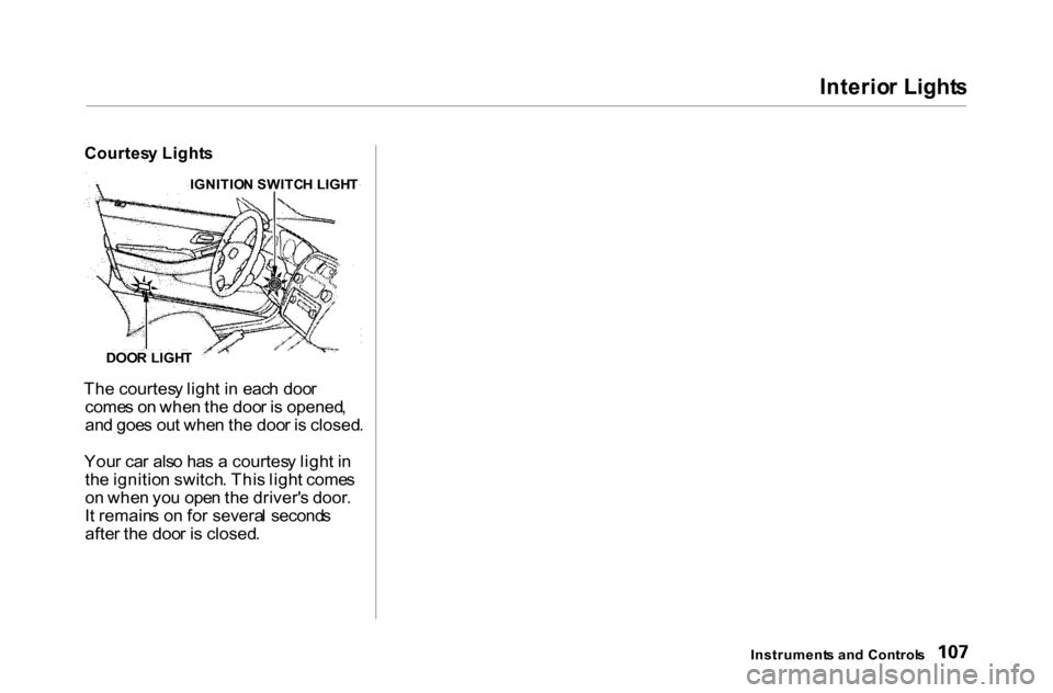 HONDA ACCORD COUPE 2000 CF / 6.G Owners Manual Interio
r Light s

Instrument s an d Control s

Courtes
y Light s

Th e courtes y ligh t i n  eac h doo r
come s o n whe n th e doo r i s  opened ,
an d goe s ou t whe n th e doo r i s  closed .
You r
