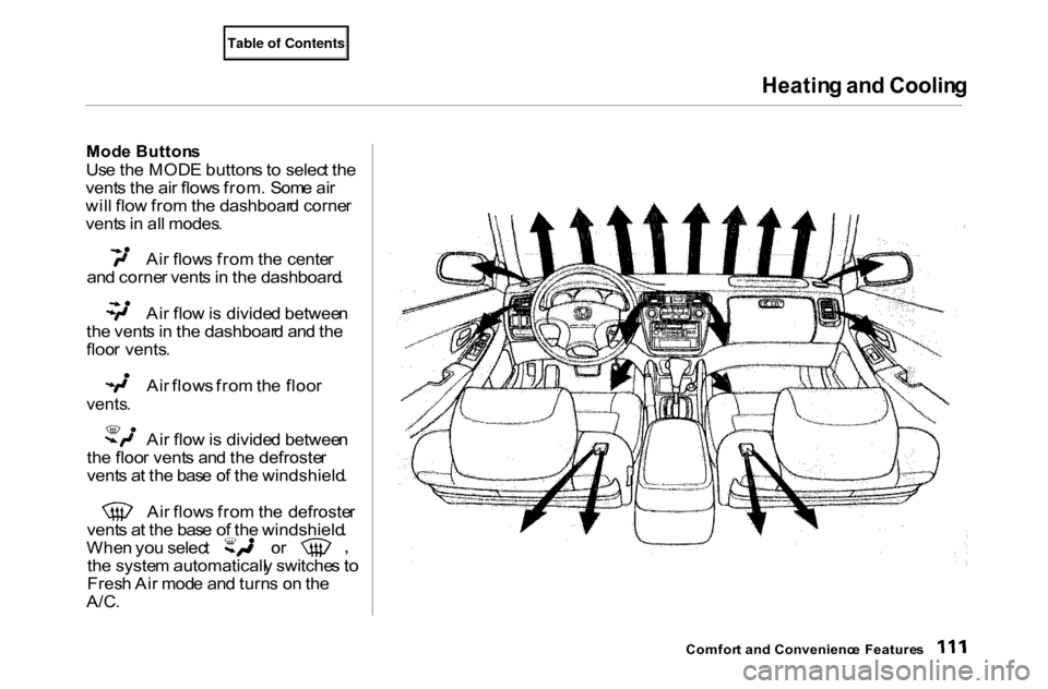HONDA ACCORD COUPE 2000 CF / 6.G Owners Manual Heatin
g an d Coolin g
Mod e Button s
Us e th e MOD E button s t o selec t th e
vent s th e ai r flow s from . Som e ai r
wil l flo w fro m th e dashboar d corne r
vent s in al l modes . Ai
r flo HONDA ACCORD COUPE 2000 CF / 6.G Owners Manual Heatin
g an d Coolin g
Mod e Button s
Us e th e MOD E button s t o selec t th e
vent s th e ai r flow s from . Som e ai r
wil l flo w fro m th e dashboar d corne r
vent s in al l modes . Ai
r flo