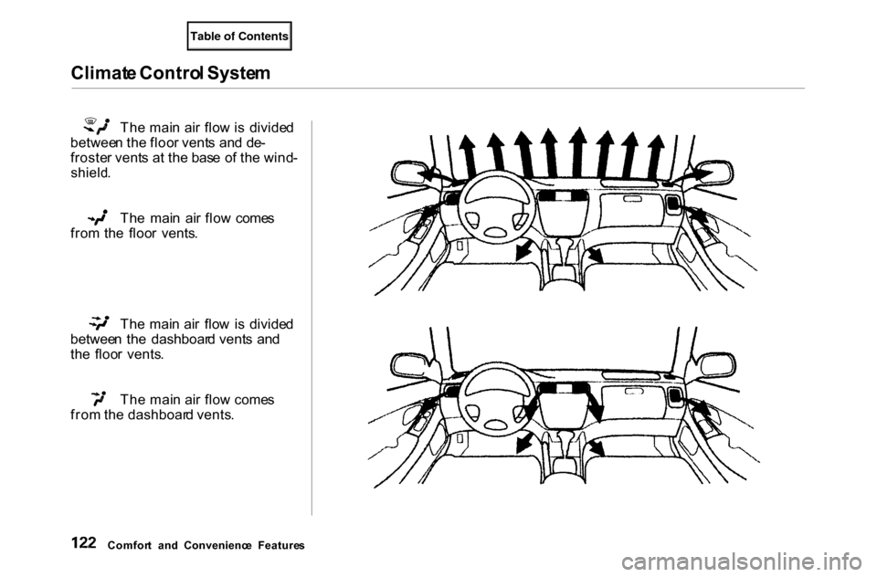 HONDA ACCORD COUPE 2000 CF / 6.G Owners Manual
Climat
e Contro l Syste m Th
e mai n ai r flo w is divide d
betwee n th e floo r vent s an d de -
froste r vent s a t th e bas e o f th e wind -
shield .
Th
e mai n ai r flo w come s
fro m th HONDA ACCORD COUPE 2000 CF / 6.G Owners Manual
Climat
e Contro l Syste m Th
e mai n ai r flo w is divide d
betwee n th e floo r vent s an d de -
froste r vent s a t th e bas e o f th e wind -
shield .
Th
e mai n ai r flo w come s
fro m th