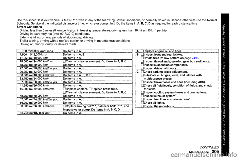 HONDA ACCORD COUPE 2000 CF / 6.G Owners Manual Use thi s schedul e i f you r vehicl e i s MAINL Y drive n i n an y o f th e followin g Sever e Conditions , o r normall y drive n i n Canada ; otherwis e us e th e Norma l
Schedule . Servic HONDA ACCORD COUPE 2000 CF / 6.G Owners Manual Use thi s schedul e i f you r vehicl e i s MAINL Y drive n i n an y o f th e followin g Sever e Conditions , o r normall y drive n i n Canada ; otherwis e us e th e Norma l
Schedule . Servic