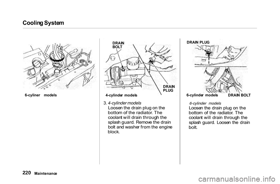 HONDA ACCORD COUPE 2000 CF / 6.G Owners Manual Coolin
g Syste m
6-cyliner models
3. 4-cylinder models
Loose n th e drai n plu g o n th e
botto m o f th e radiator . Th e
coolan t wil l drai n throug h th e
splas h guard . Remov e th e drai n
HONDA ACCORD COUPE 2000 CF / 6.G Owners Manual Coolin
g Syste m
6-cyliner models
3. 4-cylinder models
Loose n th e drai n plu g o n th e
botto m o f th e radiator . Th e
coolan t wil l drai n throug h th e
splas h guard . Remov e th e drai n