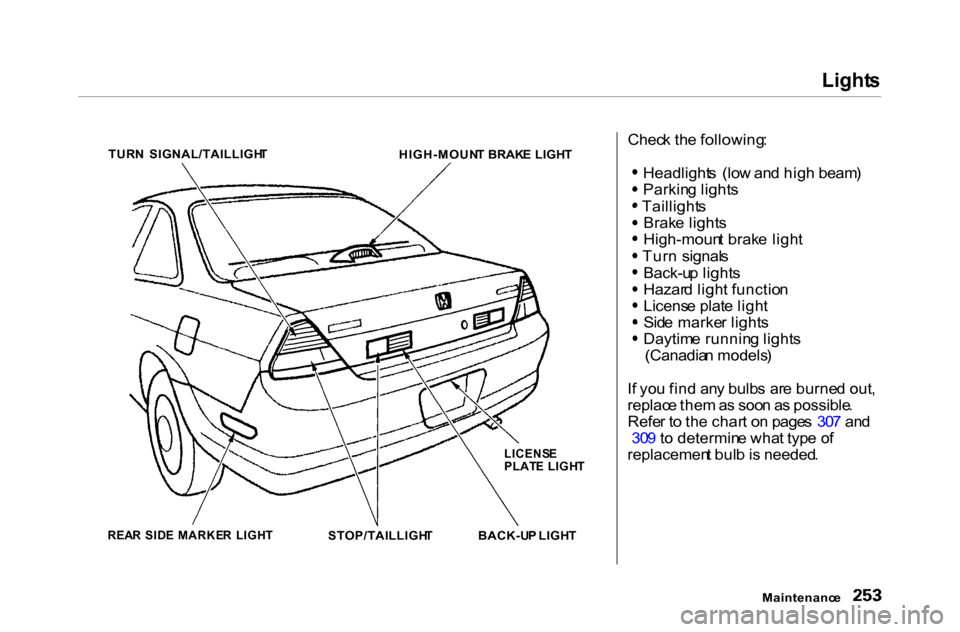 HONDA ACCORD COUPE 2000 CF / 6.G Owners Manual Light
s
Chec k th e following :
Headlight s (lo w an d hig h beam )
Parkin g light s
Taillight s
Brak e light s
High-moun t brak e ligh t
Tur n signal s
Back-u p light s
Hazar d ligh t functio n
Li HONDA ACCORD COUPE 2000 CF / 6.G Owners Manual Light
s
Chec k th e following :
Headlight s (lo w an d hig h beam )
Parkin g light s
Taillight s
Brak e light s
High-moun t brak e ligh t
Tur n signal s
Back-u p light s
Hazar d ligh t functio n
Li