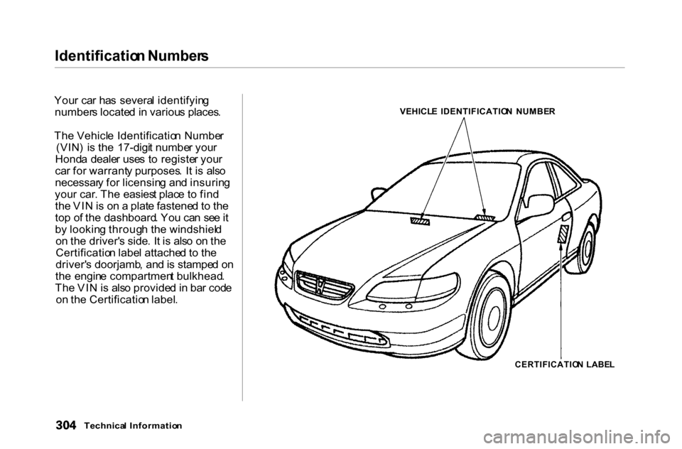 HONDA ACCORD COUPE 2000 CF / 6.G Owners Manual Identificatio
n Number s

You r ca r ha s  severa l identifyin g
number s locate d in  variou s places .
Th e Vehicl e Identificatio n Numbe r
(VIN )  i s th e  17-digi t numbe r you r
Hond a deale r 
