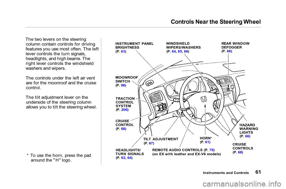 HONDA ACCORD COUPE 2001 CF / 6.G Repair Manual Controls Near the Steering Wheel

The two levers on the steering column contain controls for driving
features you use most often. The left
lever controls the turn signals,
headlights, and high beams. 