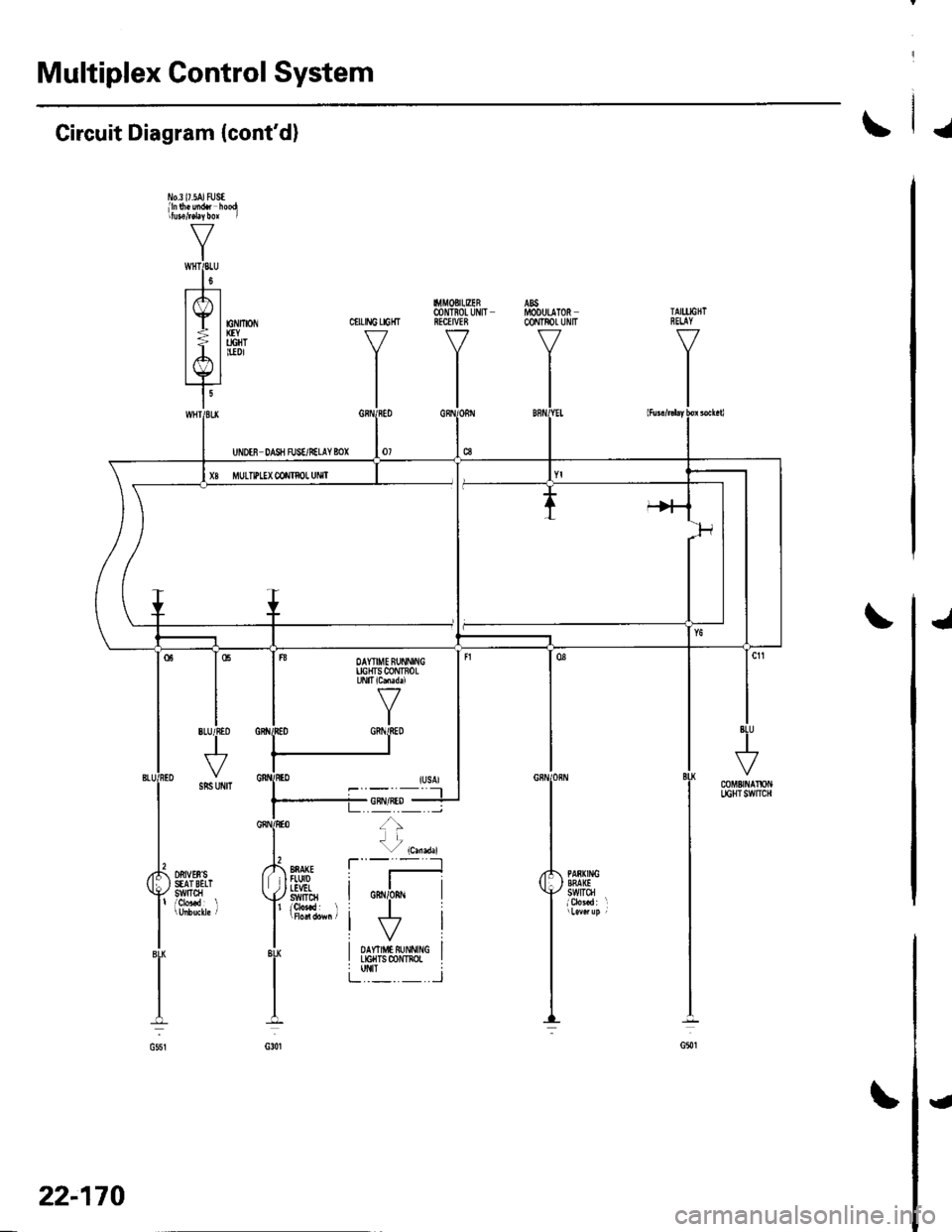 HONDA CIVIC 2002 7.G Workshop Manual Multiplex Control System
J
J
Circuit Diagram (contd)
l1o.3 l7.5AJ tUStlln$.uidt hoodritutefd4bor I
V
IwHTPLU
l0t--t---
lrfl |
lE lnv*-| > | ucHT
lA l*tYl
I
CIILING LIGHT
I.l|MOBItEER@NTIOL UIIITR HONDA CIVIC 2002 7.G Workshop Manual Multiplex Control System
J
J
Circuit Diagram (contd)
l1o.3 l7.5AJ tUStlln$.uidt hoodritutefd4bor I
V
IwHTPLU
l0t--t---
lrfl |
lE lnv*-| > | ucHT
lA l*tYl
I
CIILING LIGHT
I.l|MOBItEER@NTIOL UIIITR