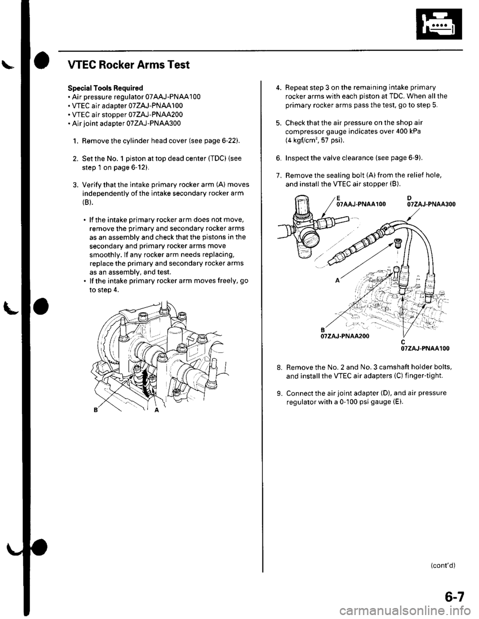 HONDA CIVIC 2003 7.G Workshop Manual WEC Rocker Arms Test
Special Tools Required. Air pressure regulator 07AAJ-PNAA100. VTEC air adaoter 07ZAJ-PNAA100. WEC air stoDoer 07ZAJ-PNAA200. Air joint adapter 07ZAJ-PNAA300
1. Remove the cylinder