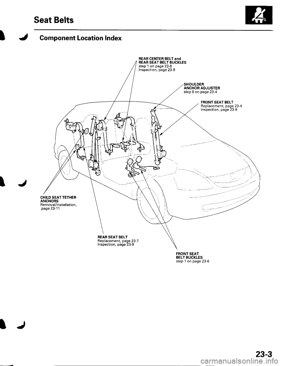 HONDA CIVIC 2002 7.G Workshop Manual Seat Belts
IComponent Location Index
CHILD SEATTETHERANCHORSRemoval/lnstallation,page 23-11
REAR CENTER BELT andREAR SEAT BELT BUCKLESstep 1 on page 23-8Inspection, page 23 9
SHOULDERANCHOR ADJUSTERst HONDA CIVIC 2002 7.G Workshop Manual Seat Belts
IComponent Location Index
CHILD SEATTETHERANCHORSRemoval/lnstallation,page 23-11
REAR CENTER BELT andREAR SEAT BELT BUCKLESstep 1 on page 23-8Inspection, page 23 9
SHOULDERANCHOR ADJUSTERst