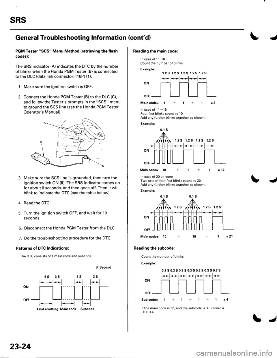 HONDA CIVIC 2003 7.G Manual PDF sRs
General Troubleshooting Information (contd)
PGM Tester "SCS" Menu Method {retrieving the flash
codes):
The SRS indicator (A) indicates the DTC by lhe number
of blinks when the Honda PGM Tester (B HONDA CIVIC 2003 7.G Manual PDF sRs
General Troubleshooting Information (contd)
PGM Tester "SCS" Menu Method {retrieving the flash
codes):
The SRS indicator (A) indicates the DTC by lhe number
of blinks when the Honda PGM Tester (B
