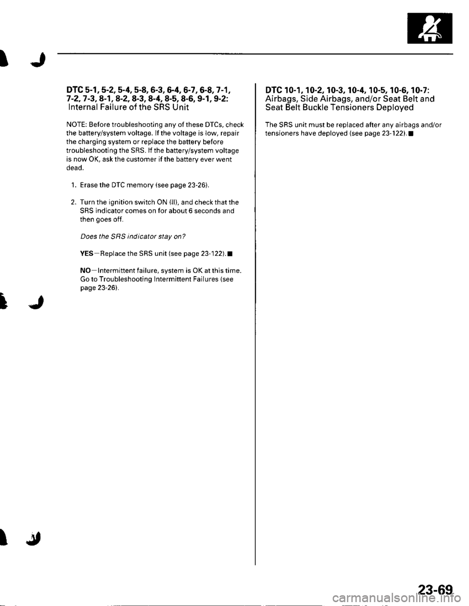 HONDA CIVIC 2003 7.G Manual PDF I
DTC s-1, 5-2, 5-4, s-8, 6-3, 6-4,6-7,6-8,7-1,
7-2,7-3, A-1,4-2, 8-3, 8-4, 8-5, 8-6, 9-1, 9-2:
Internal Failure of the SRS Unit
NOTE: Before troubleshooting any of these DTCs, check
the battery/syste HONDA CIVIC 2003 7.G Manual PDF I
DTC s-1, 5-2, 5-4, s-8, 6-3, 6-4,6-7,6-8,7-1,
7-2,7-3, A-1,4-2, 8-3, 8-4, 8-5, 8-6, 9-1, 9-2:
Internal Failure of the SRS Unit
NOTE: Before troubleshooting any of these DTCs, check
the battery/syste