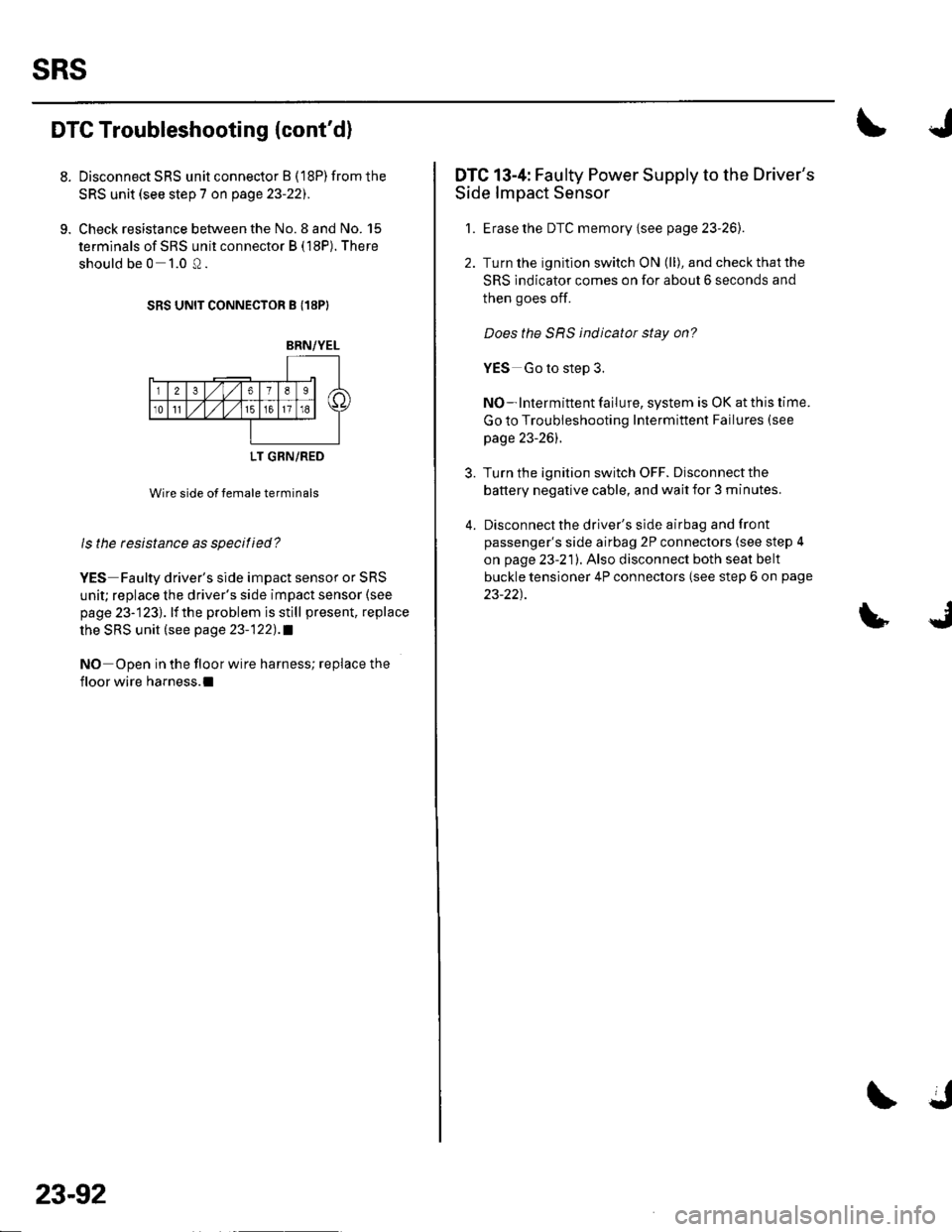 HONDA CIVIC 2002 7.G Workshop Manual sRs
DTC Troubleshooting {contd)
8. Disconnect SRS unit connector B ( 18P) from the
SRS unit (see step 7 on page 23-221.
9. Check resistance between the No. 8 and No. 15
terminals of sRS unit connecto HONDA CIVIC 2002 7.G Workshop Manual sRs
DTC Troubleshooting {contd)
8. Disconnect SRS unit connector B ( 18P) from the
SRS unit (see step 7 on page 23-221.
9. Check resistance between the No. 8 and No. 15
terminals of sRS unit connecto