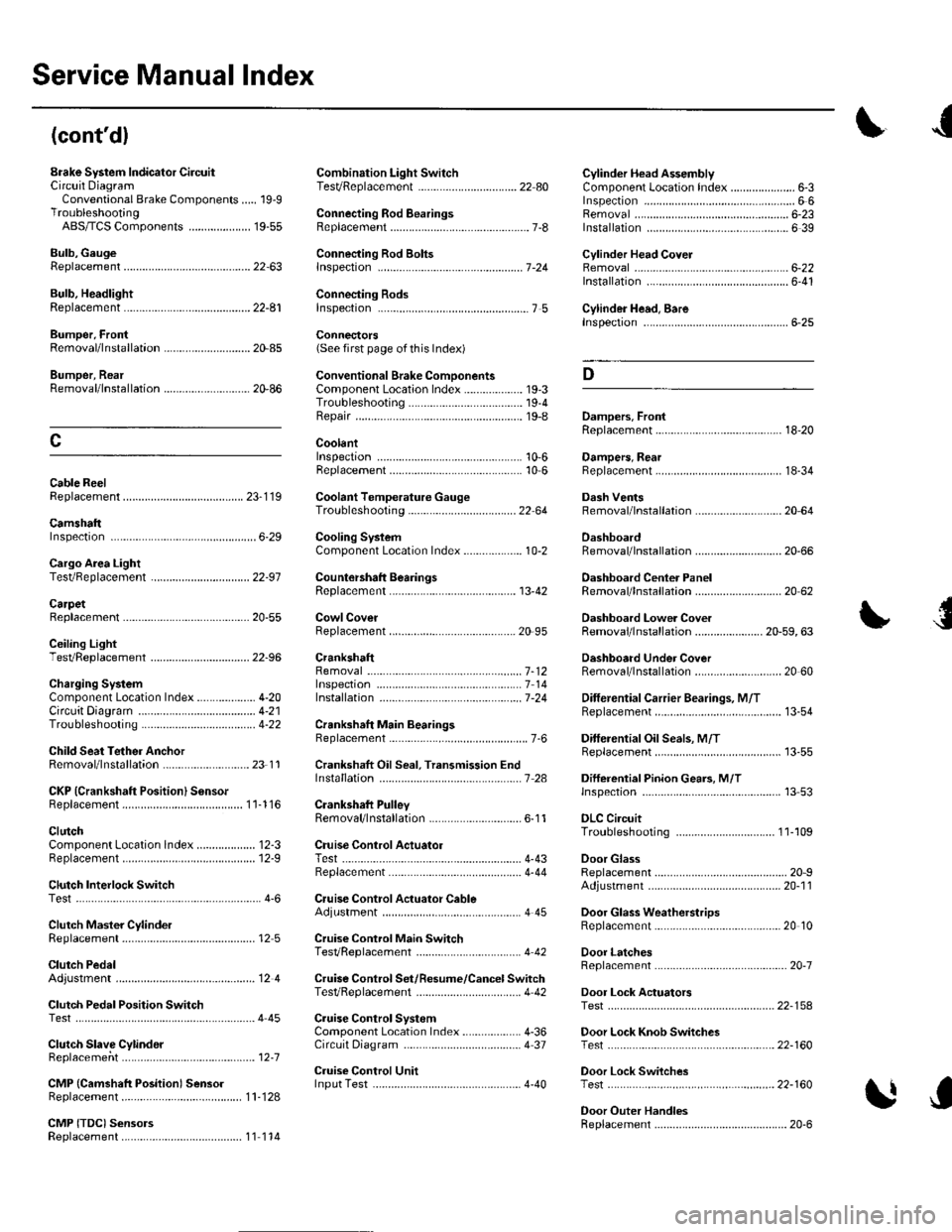 HONDA CIVIC 2002 7.G Workshop Manual Service Manual Index
(contdl
Brake System Indicator CircuitCircuit DiagramConventional Brake Components..... 19-9TroubleshootingABS/TCS Components .... ....... ...... 19-55
Bulb, GeugeRep|acemenl.... HONDA CIVIC 2002 7.G Workshop Manual Service Manual Index
(contdl
Brake System Indicator CircuitCircuit DiagramConventional Brake Components..... 19-9TroubleshootingABS/TCS Components .... ....... ...... 19-55
Bulb, GeugeRep|acemenl....