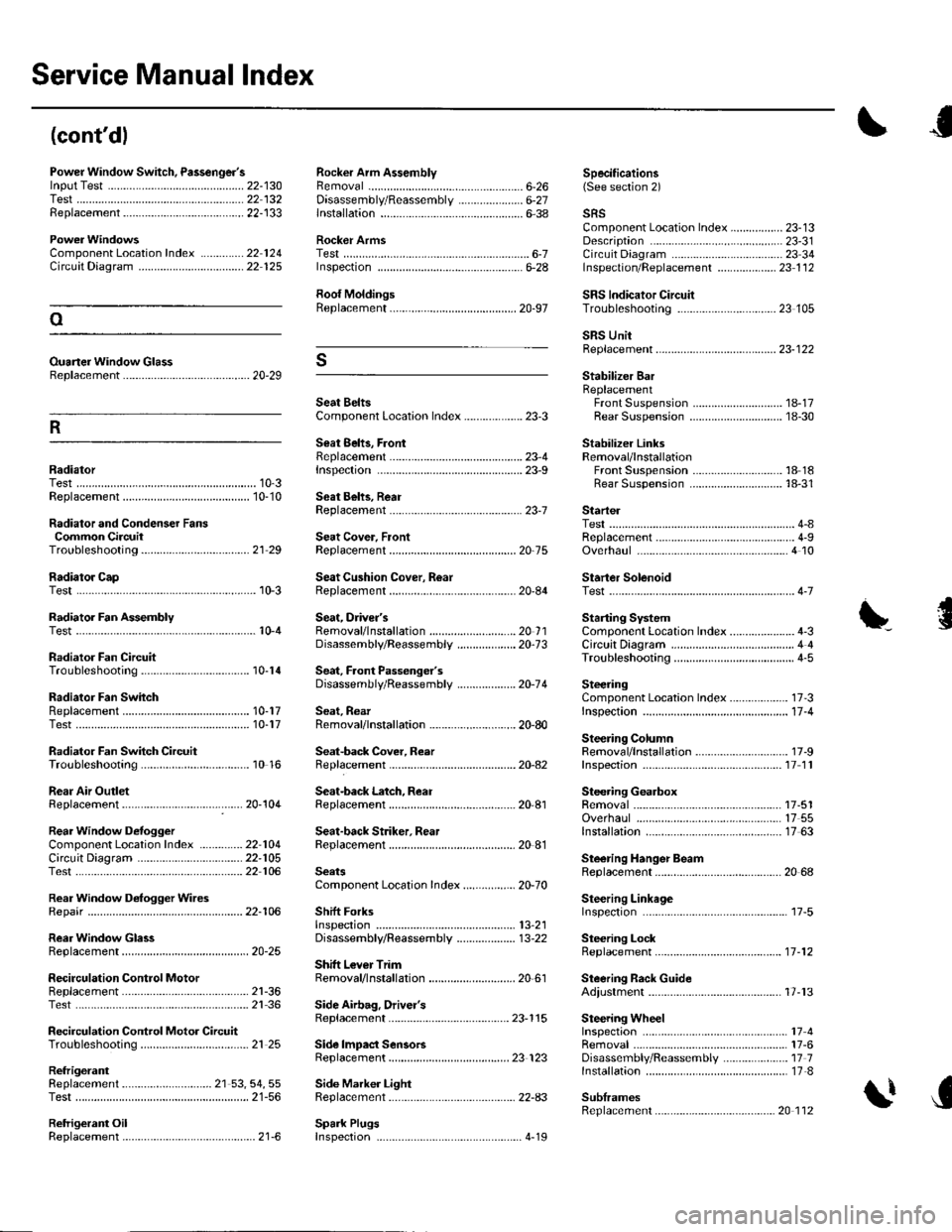 HONDA CIVIC 2003 7.G Workshop Manual Service Manual lndex
(contdl
Power Window Switch, Passengerslnput Test .............-......
Replacement...,-.-.-...,..
Radialor Cap
Rocker Arm AssemblyRemovalD;sassembly/Reassembly
Specifications6-2 HONDA CIVIC 2003 7.G Workshop Manual Service Manual lndex
(contdl
Power Window Switch, Passengerslnput Test .............-......
Replacement...,-.-.-...,..
Radialor Cap
Rocker Arm AssemblyRemovalD;sassembly/Reassembly
Specifications6-2