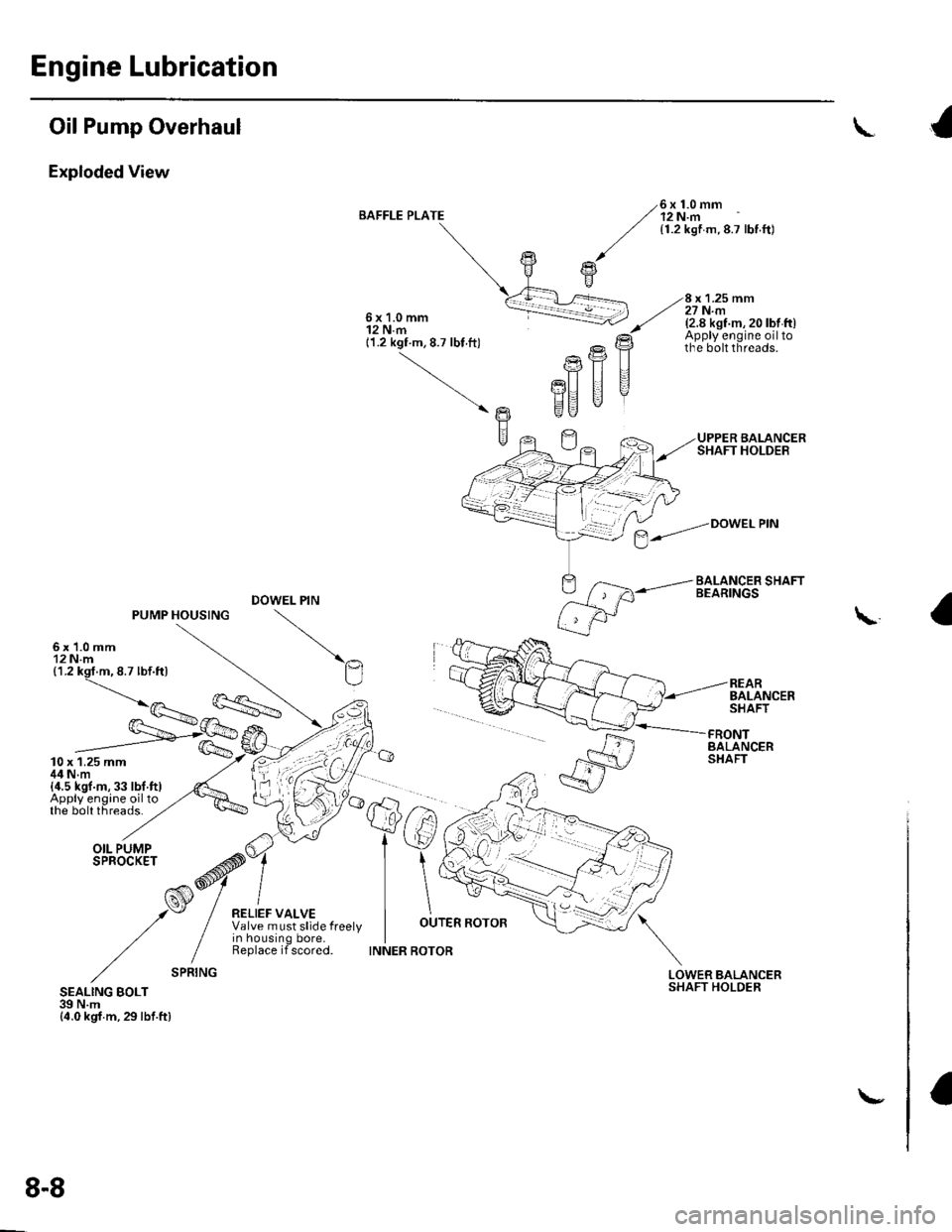 HONDA CIVIC 2003 7.G Workshop Manual Engine Lubrication
OilPump Overhaul
Exploded View
BAFFLE PLATE6x1.0mm12 N.m{1.2 kgf m,8.7 lbf.ft)
x 1.25 mm27 N.m6x1.0mm12 N.m11.2 kgf.m, 8.7 lbt ft)
(2.8 kst m, 20 lbt ft)Apply engine oiltothe bolt t