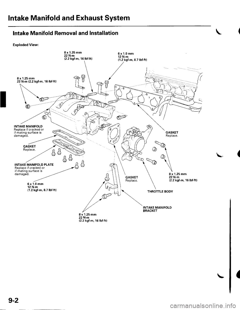 HONDA CIVIC 2002 7.G Workshop Manual Intake Manifold and Exhaust System
lntake Manifold Removal and Installation
Exploded View:
INTAKE MANIFOLD PLATEReplace if cracked orif mating surface isdamaged.
6x1.0mm12 N.m{1.2 kgf.m,8.7 lbf.ft)
\
