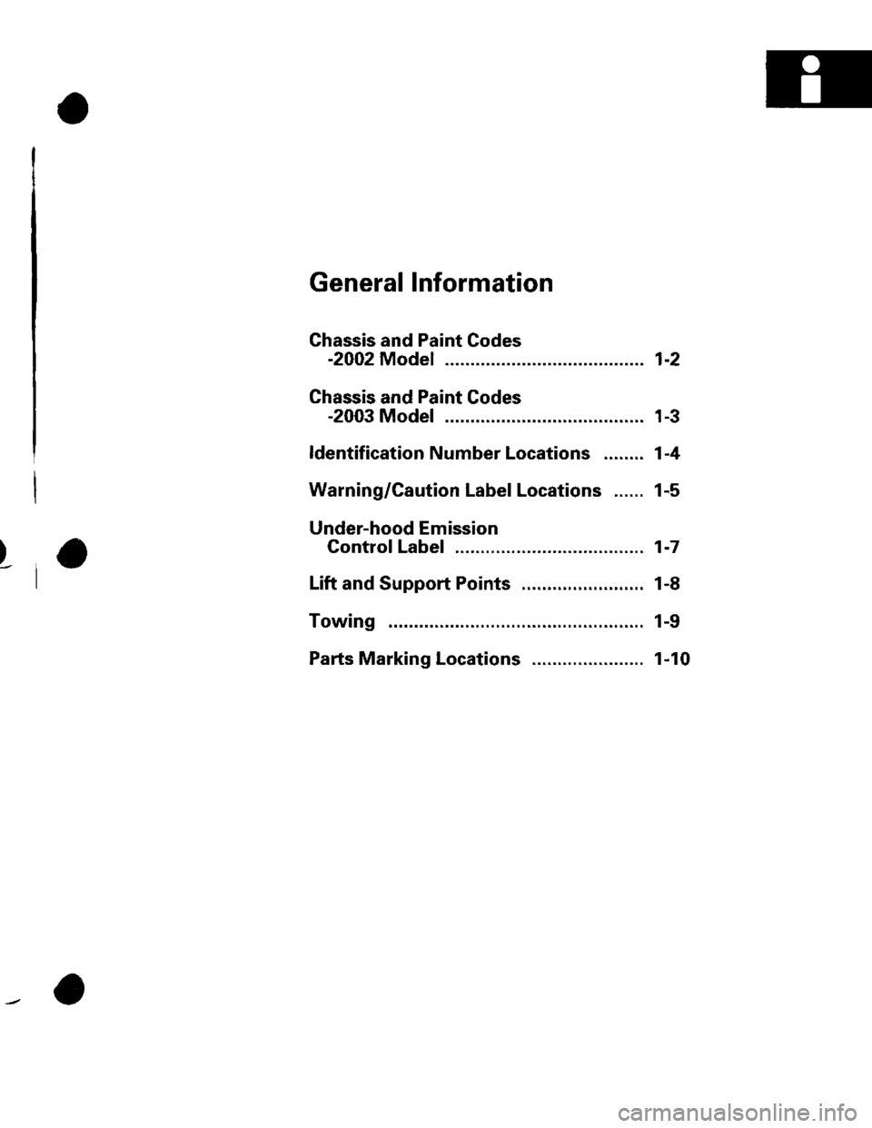 HONDA CIVIC 2003 7.G Workshop Manual )
General Information
Ghassis and Paint Codes
-2002 Model ................. 1-2
Chassis and Paint Codes
-2003 Model ................. 1-3
ldentification Number Locations ........ 1-4
Warning/Caution L