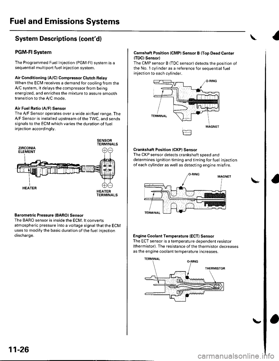 HONDA CIVIC 2003 7.G User Guide Fuel and Emissions Systems
System Descriptions (contd)
PGM-FI System
The Programmed Fuel Injection (PGM-Fl) system is a
sequential multiport fuel injection system.
Air Conditioning {A/C) Compressor G HONDA CIVIC 2003 7.G User Guide Fuel and Emissions Systems
System Descriptions (contd)
PGM-FI System
The Programmed Fuel Injection (PGM-Fl) system is a
sequential multiport fuel injection system.
Air Conditioning {A/C) Compressor G