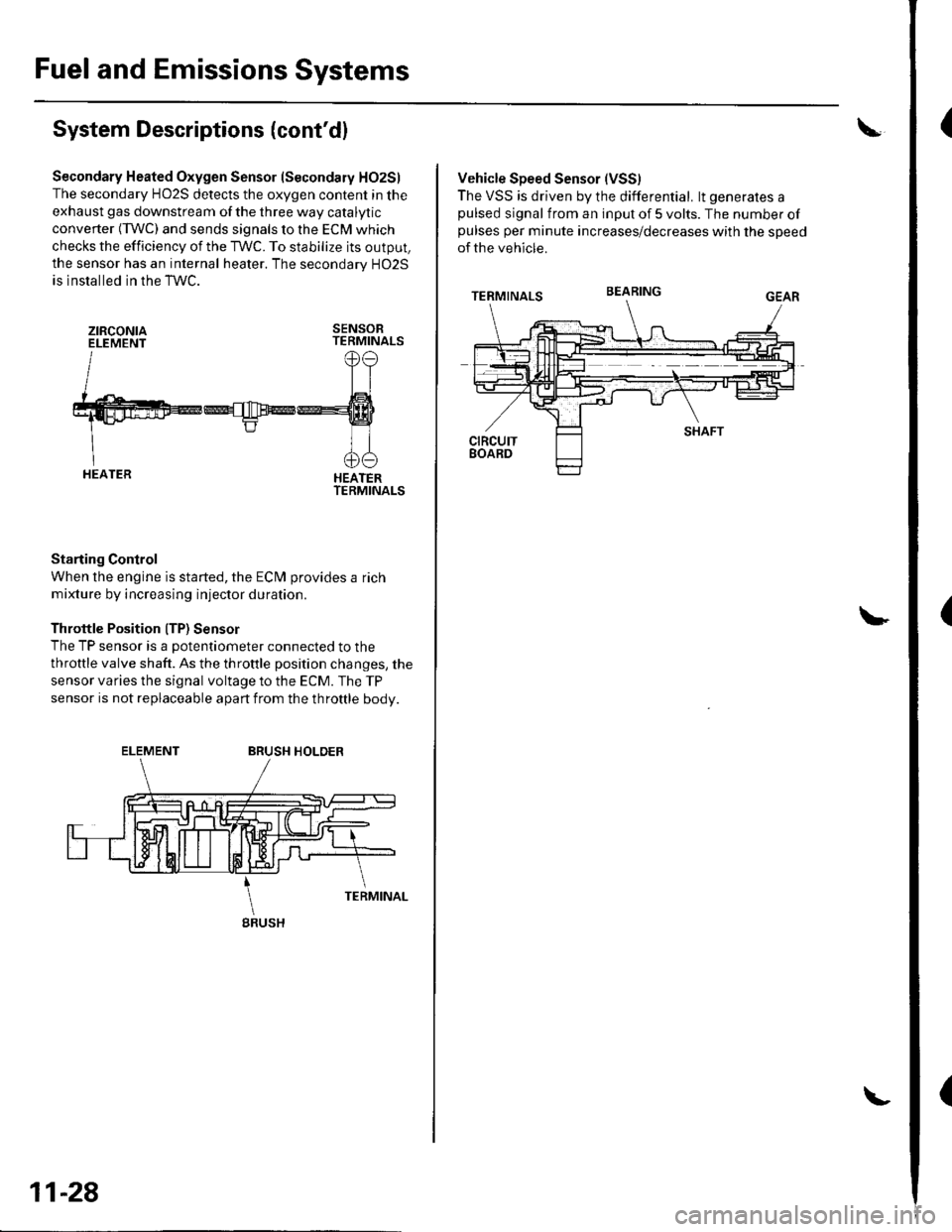 HONDA CIVIC 2003 7.G Workshop Manual Fuel and Emissions Systems
(
(
(
System Descriptions (contdl
Secondary Heated Oxygen Sensor (Secondary HO2S)
The secondary HO2S detects the oxygen content in the
exhaust gas downstream of the three w