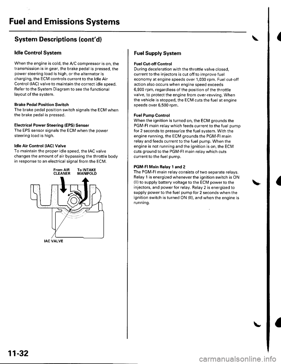 HONDA CIVIC 2003 7.G Workshop Manual Fuel and Emissions Systems
(
{
System Descriptions (contd)
ldle Control System
When the engine is cold, the AyC compressor is on, the
transmission is in gear, the brake pedal is pressed. thepower st