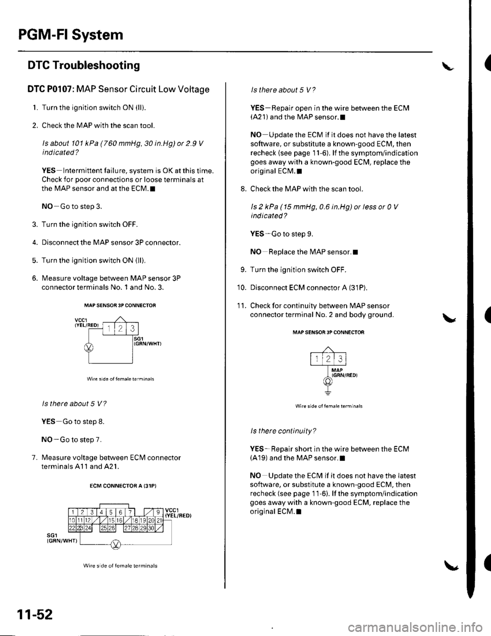 HONDA CIVIC 2002 7.G Service Manual PGM-FI System
(
(
(
DTC Troubleshooting
DTC P0107: MAP Sensor Circuit Low Voltage
1. Turn the ignition switch ON (lli.
2. Check the MAP with the scan tool.
ls about 101 kPa (760 mmHg,30 in.Hg)or 2.9 V HONDA CIVIC 2002 7.G Service Manual PGM-FI System
(
(
(
DTC Troubleshooting
DTC P0107: MAP Sensor Circuit Low Voltage
1. Turn the ignition switch ON (lli.
2. Check the MAP with the scan tool.
ls about 101 kPa (760 mmHg,30 in.Hg)or 2.9 V