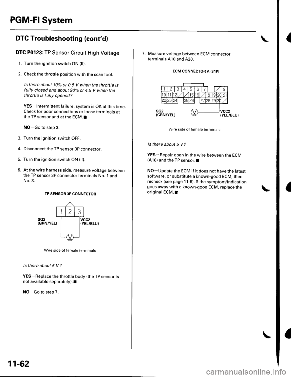 HONDA CIVIC 2002 7.G Repair Manual PGM-FI System
(
(
DTC Troubleshooting (contd)
DTC P0123: TP Sensor Circuit High Voltage
1. Turn the ignition switch oN (ll)
2. Check the throttle position with the scan tool.
ls there about 10% or 0. HONDA CIVIC 2002 7.G Repair Manual PGM-FI System
(
(
DTC Troubleshooting (contd)
DTC P0123: TP Sensor Circuit High Voltage
1. Turn the ignition switch oN (ll)
2. Check the throttle position with the scan tool.
ls there about 10% or 0.