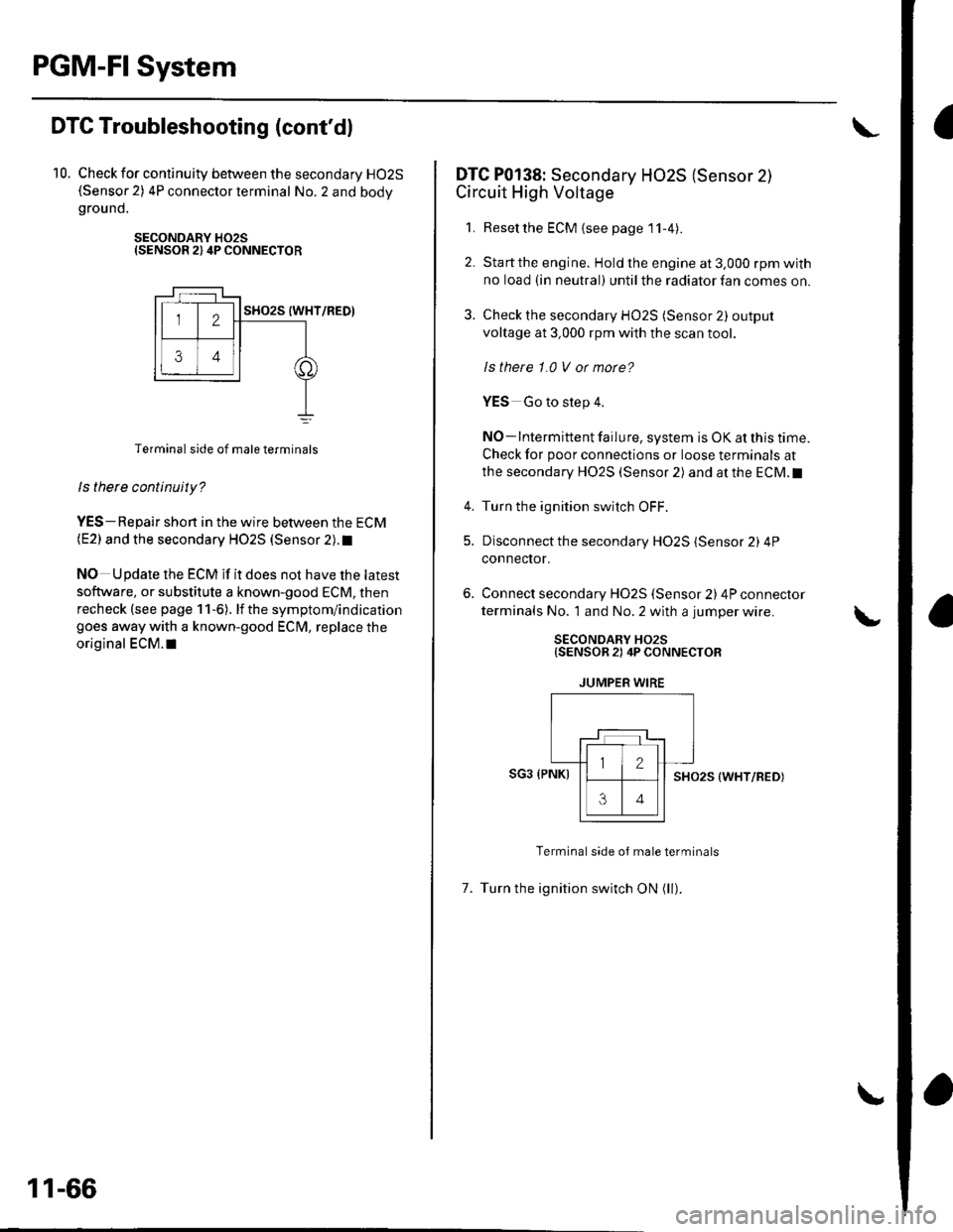 HONDA CIVIC 2002 7.G Repair Manual PGM-FISystem
aDTC Troubleshooting (contdl
10. Check for continuity between the secondary HO2S(Sensor 2) 4P connector terminal No. 2 and bodygrou nd.
SECONDARY H02SISENSOR 2) 4P CONNECTOR
Terminal sid HONDA CIVIC 2002 7.G Repair Manual PGM-FISystem
aDTC Troubleshooting (contdl
10. Check for continuity between the secondary HO2S(Sensor 2) 4P connector terminal No. 2 and bodygrou nd.
SECONDARY H02SISENSOR 2) 4P CONNECTOR
Terminal sid
