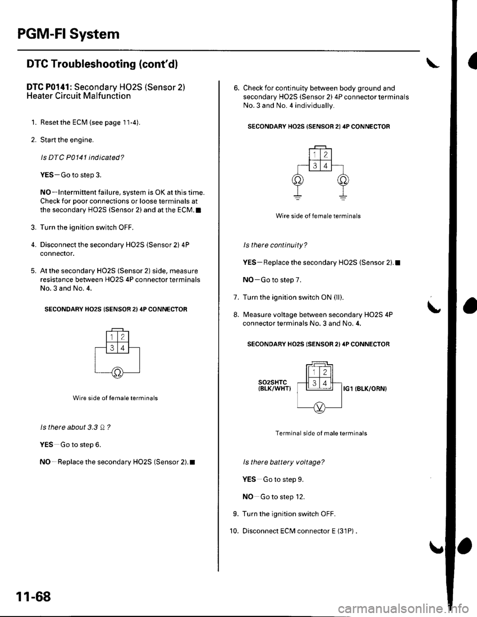 HONDA CIVIC 2003 7.G Owners Guide PGM-FISystem
3.
DTC Troubleshooting (contdl
DTC P0141: Secondary HO2S (Sensor 2l
Heater Circuit Malfunction
1. Reset the ECM (see page 1 l-4)
2. Start the engine.
ls DTC P0141 indicated?
YES-Go to st