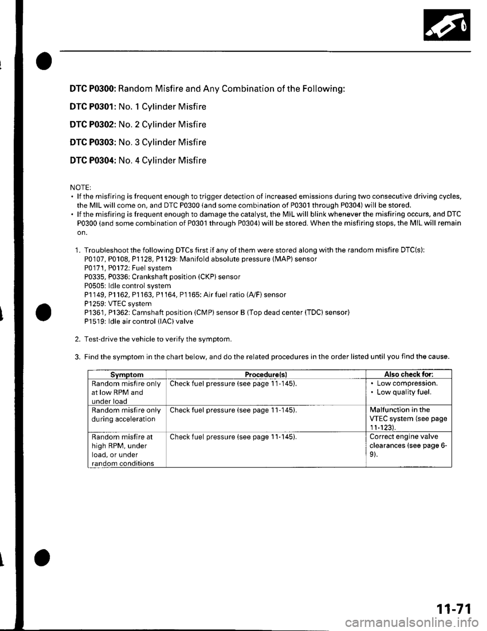 HONDA CIVIC 2003 7.G Workshop Manual DTC P0300: Random Misfire and Any Combination of the Following:
DTC P0301: No. 1 Cylinder Misfire
DTC P0302: No. 2 Cvlinder Misfire
DTC P0303: No, 3 Cvlinder Misfire
DTC P0304: No. 4 Cvlinder Misfire
