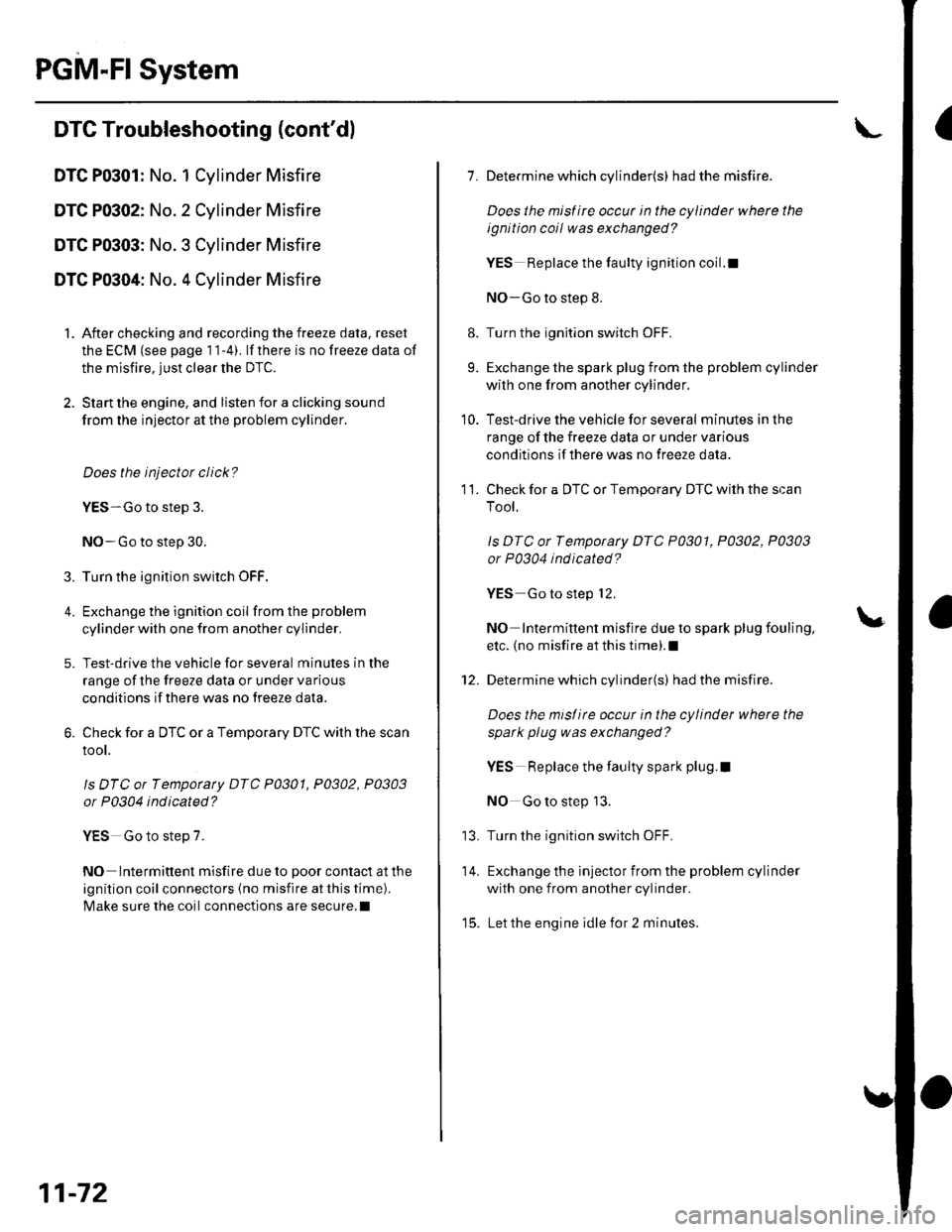 HONDA CIVIC 2002 7.G Workshop Manual PGM-FI System
IDTC Troubleshooting (contdl
DTC P0301: No. 1 Cylinder Misfire
DTC P0302: No. 2 Cylinder Misfire
DTC P0303: No. 3 Cylinder Misfire
DTC P0304: No. 4 Cylinder Misfire
1. After checking an