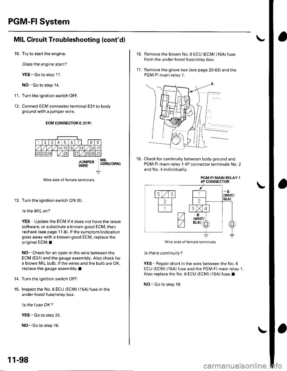 HONDA CIVIC 2003 7.G Owners Guide PGM-FI System
MIL Circuit Troubleshooting (contdl
11.
Try to start the engine.
Does the engine start?
YES-Go to step 11.
NO-Go to step 14.
Turn the ignition switch OFF.
Connect ECM connector terminal